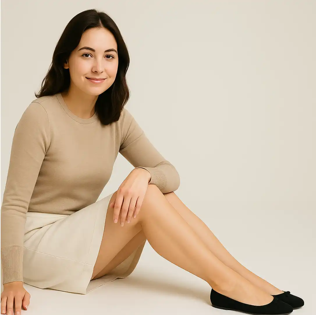 Na imagem mostra uma mulher sentada no chão, olhando para frente com um sorriso no rosto sem mostrar os dentes, ela está usando uma sapatilha com meia invisível.